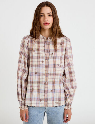 Blouse ample col montant manches longues beige femme