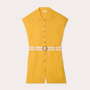 Combishort ceinturée contenant du lin jaune citron femme