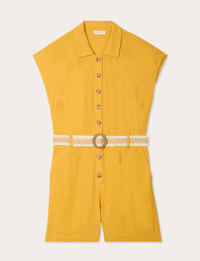 Combishort ceinturée contenant du lin jaune citron femme
