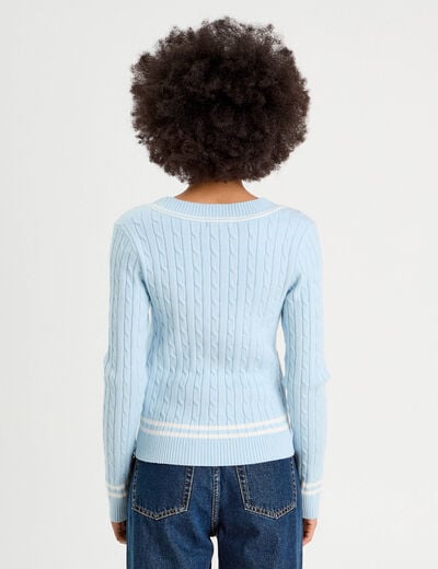 Pull manches longues torsades bleu pastel femme