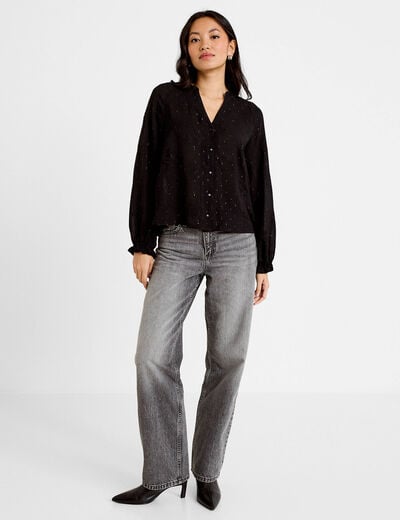 Blouse ample manches longues chin&eacute;e noir femme