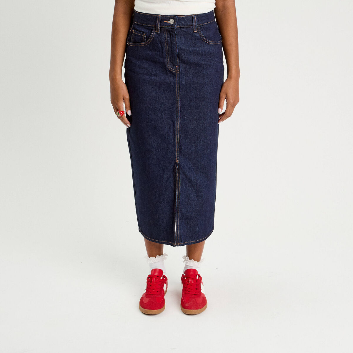Jupe midi droite en jean denim brut femme