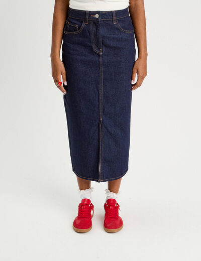 Jupe midi droite en jean denim brut femme