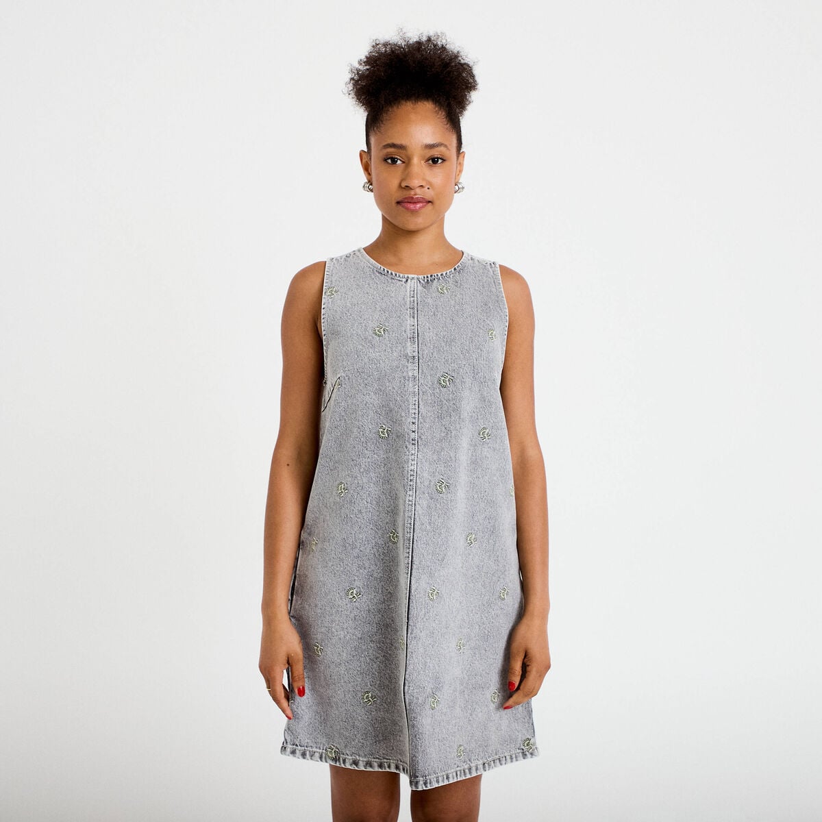 Robe courte droite en jean sans manches denim gris femme