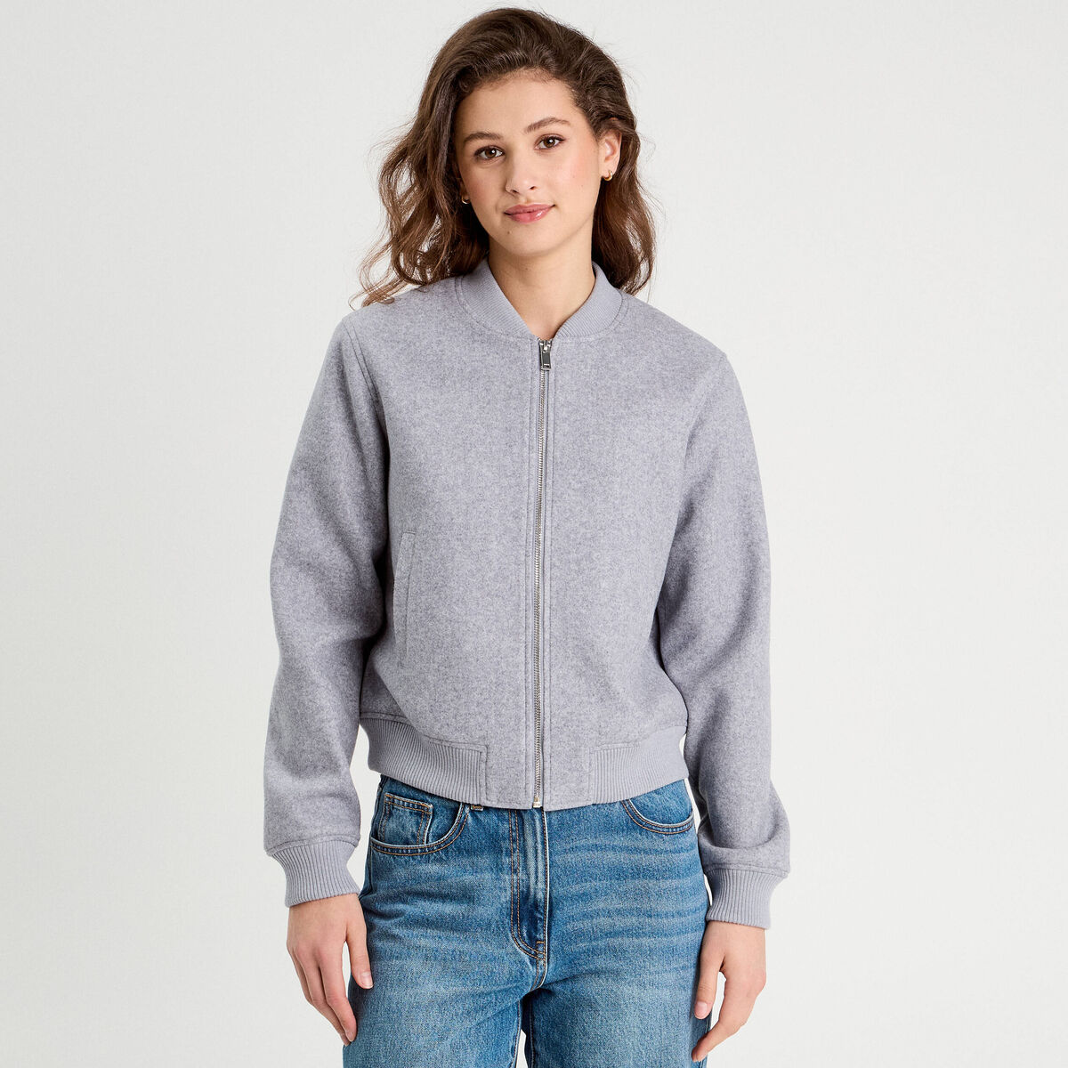 Veste teddy zippée gris clair femme