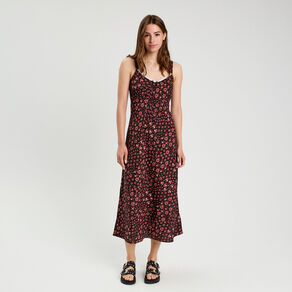 Robe longue évasée rouge corail femme