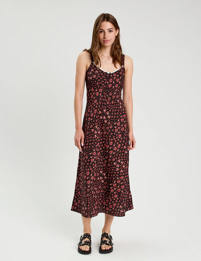Robe longue évasée rouge corail femme