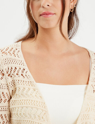 Gilet manches 3/4 ajouré ecru femme