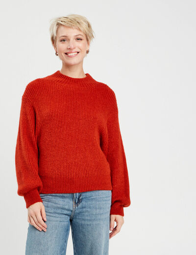 Pull col montant marron cognac femme