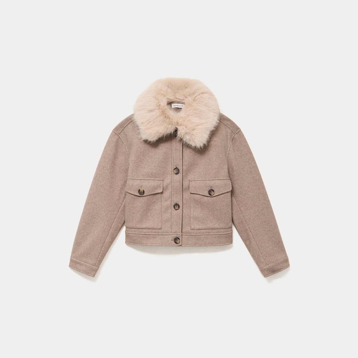 Blouson col fausse fourrure taupe femme