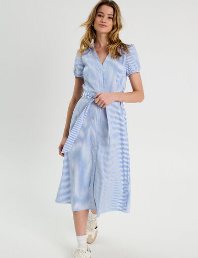 Robe chemise longue ceinturée bleu foncé femme