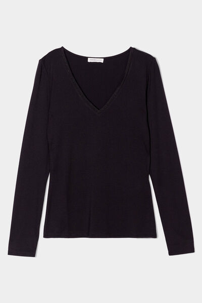 T-shirt thermique col en V noir femme