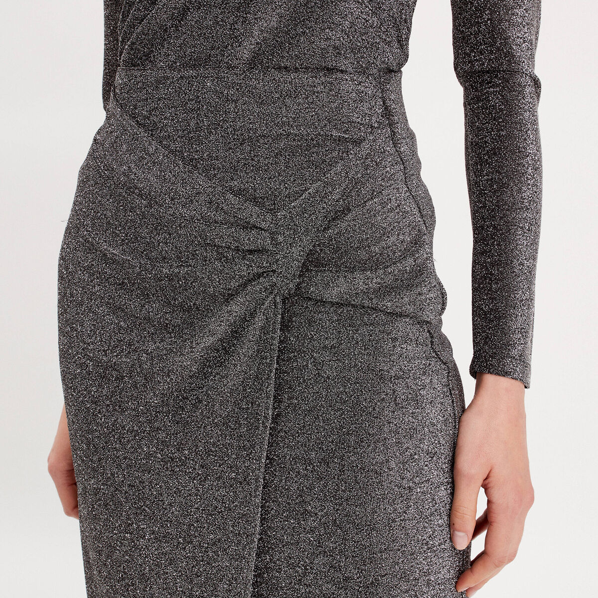 Jupe midi moulante drapée gris argent femme
