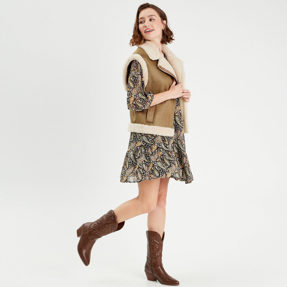 Blouson sans manches zippé taupe femme