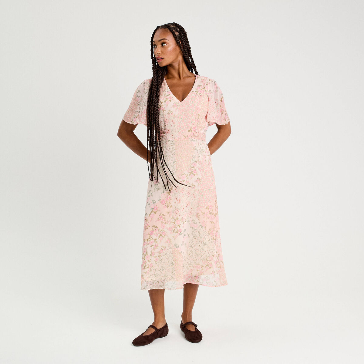 Robe midi évasée col en V rose pastel femme