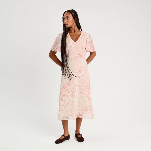 robe midi evasee col en v rose pastel femme Robe midi évasée col en V rose pastel femme
