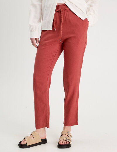 Pantalon droit fluide contenant du lin vieux rose femme