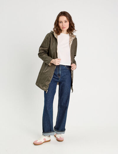 Parka réversible à capuche vert kaki femme