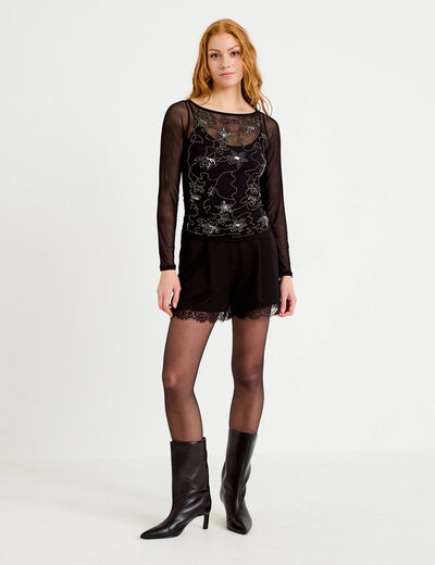 Top ajust&eacute; transparent col rond noir femme