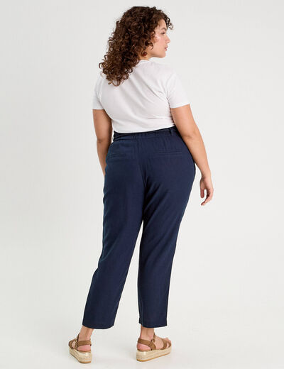 Pantalon droit fluide contenant du lin bleu marine femme