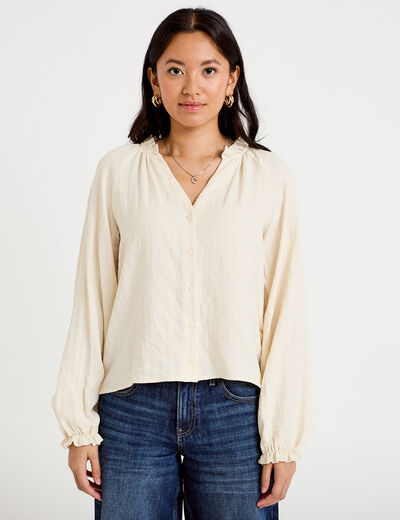 Blouse ample pliss&eacute;e manches longues ecru femme