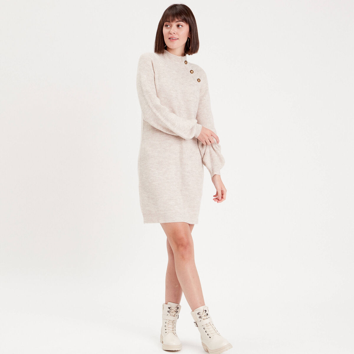 Robe pull droite col montant sable femme