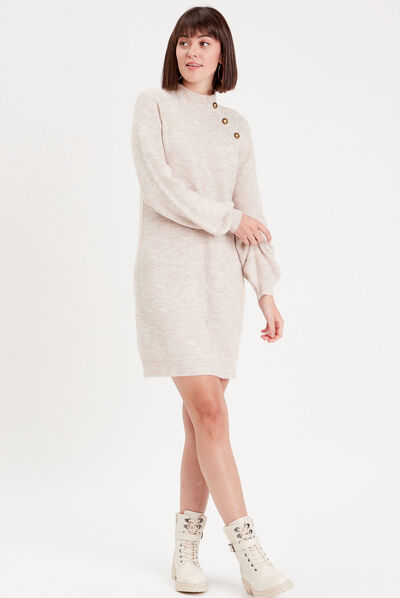 Robe pull droite col montant sable femme