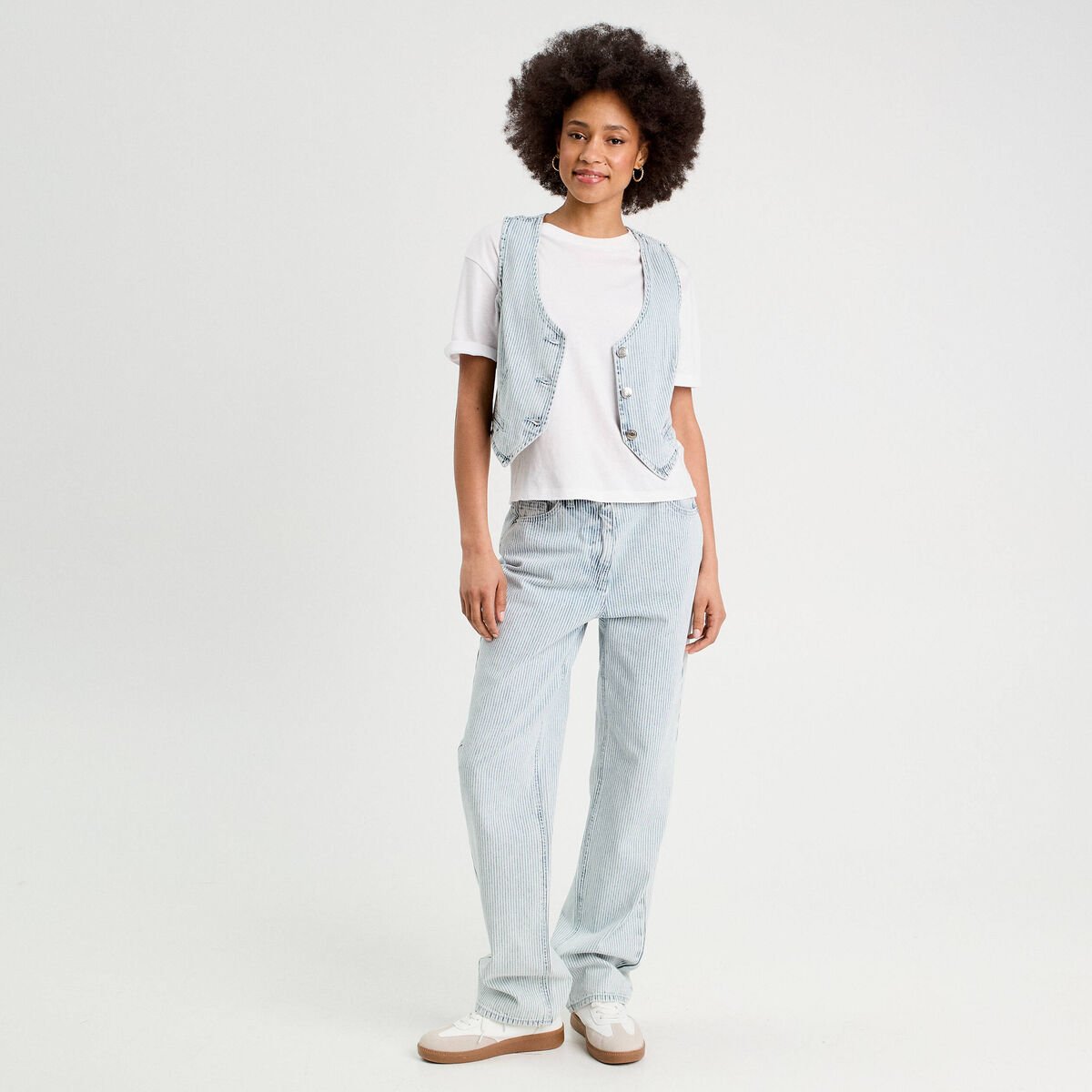 Veston sans manches en jean bleu gris femme