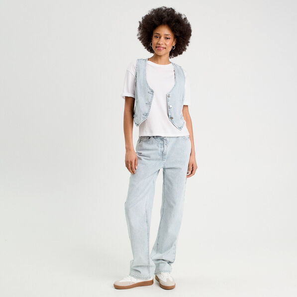 Veston sans manches en jean bleu gris femme