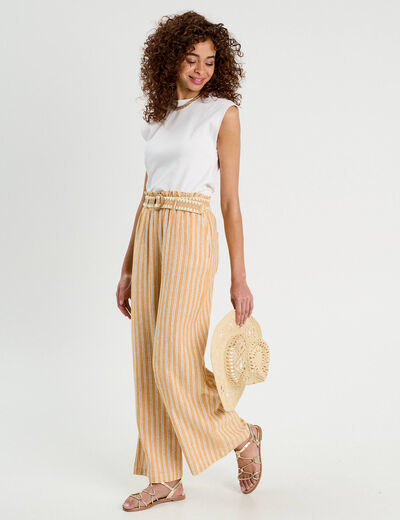 Pantalon large ceinturé contenant du lin jaune femme