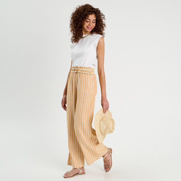 Pantalon large ceinturé contenant du lin jaune femme