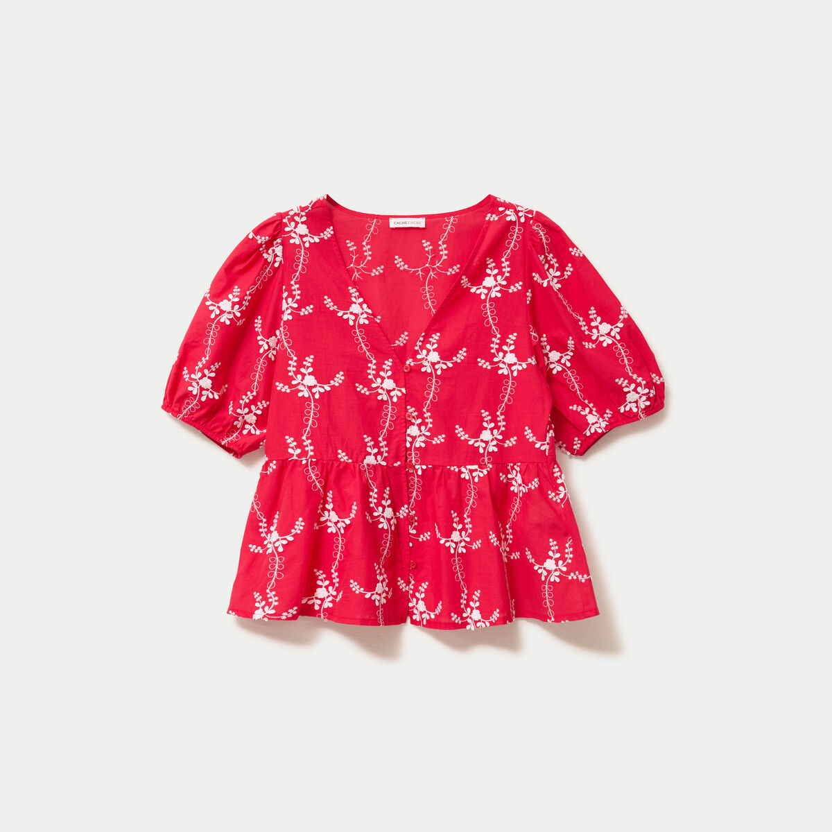 Blouse col v manches courtes brod&eacute;e rouge femme