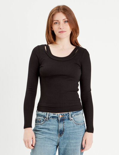 T-shirt manches longues 2-en-1 noir femme