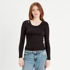 t shirt manches longues 2 en 1 noir femme T-shirt manches longues 2-en-1 noir femme
