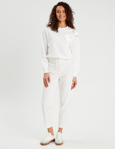 Pantalon carotte bandes satin ecru femme