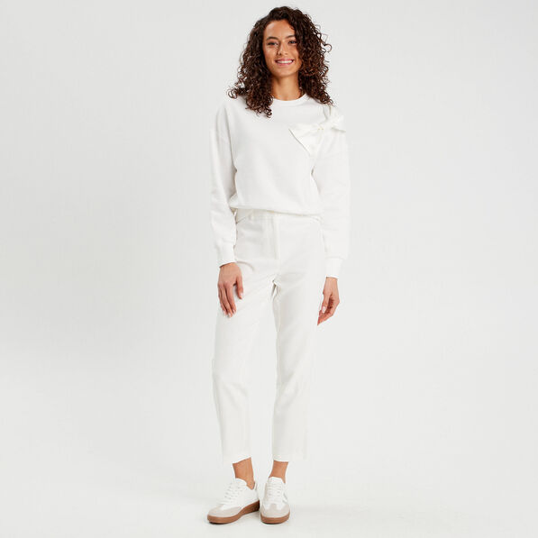Pantalon carotte bandes satin ecru femme