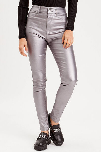 Pantalon skinny métallisé gris argent femme