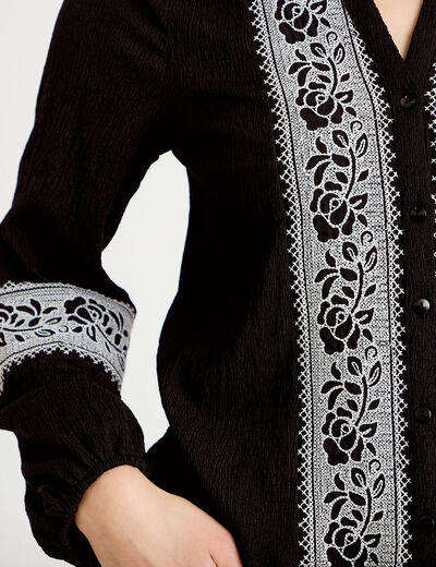 Blouse brod&eacute;e col tunisien noir femme