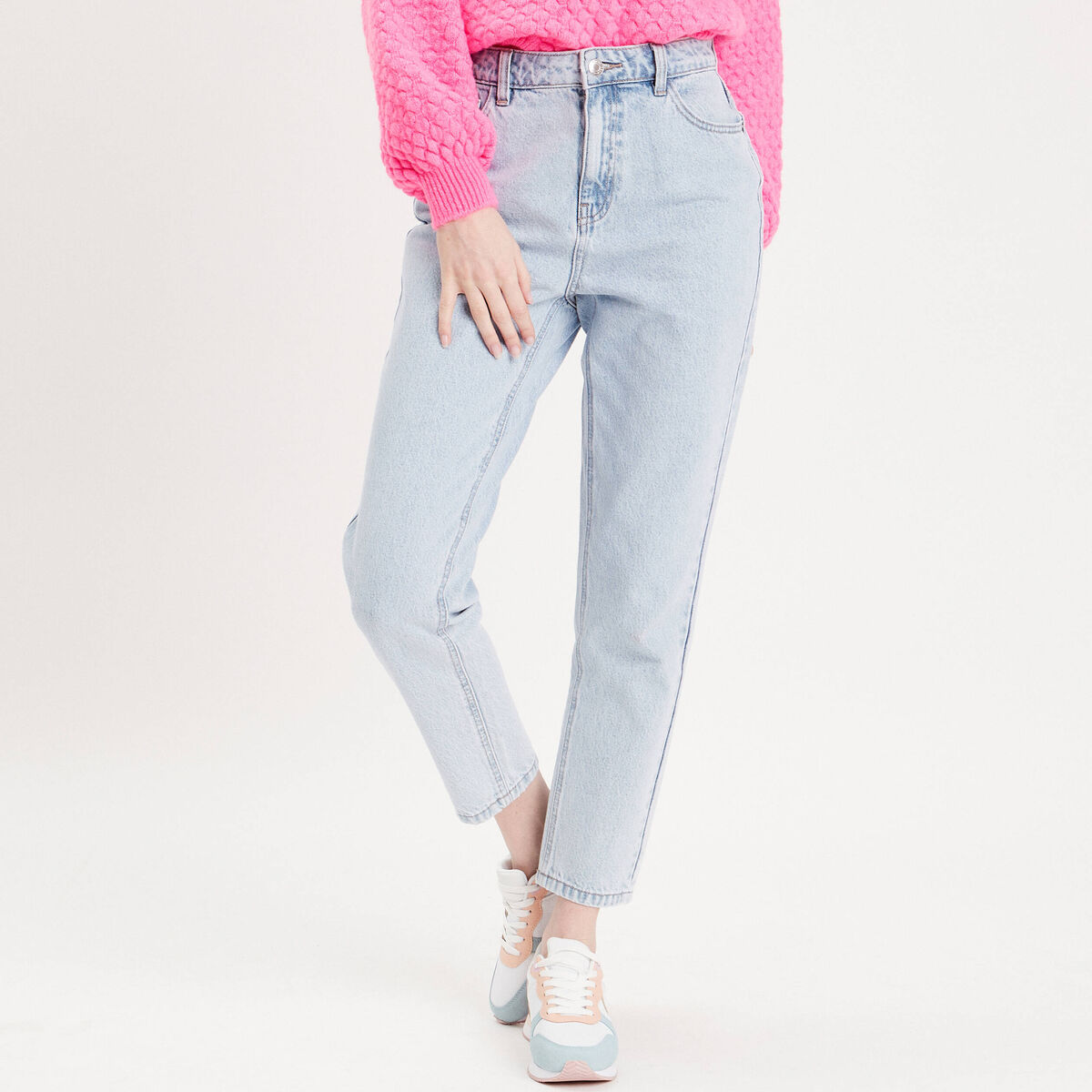 Jeans mom taille haute denim bleach femme