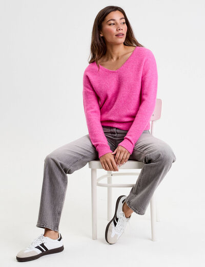 Pull avec col en V rose femme