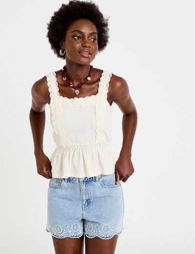 Top droit court sans manches dentelle ecru femme
