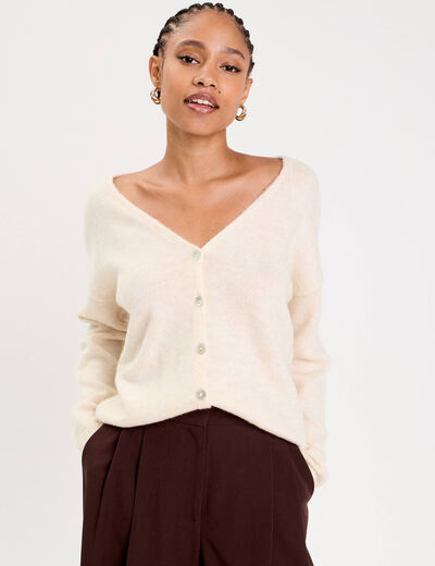 Gilet boutonn&eacute; avec col en V sable femme
