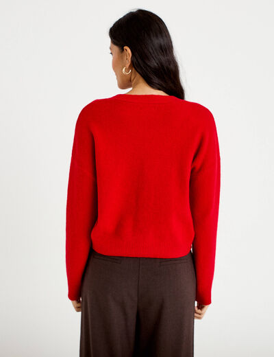 Gilet brod&eacute; col v manches longues rouge femme