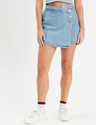Jupe-short droite en jean denim double stone femme