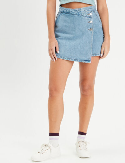 Jupe-short droite en jean denim double stone femme
