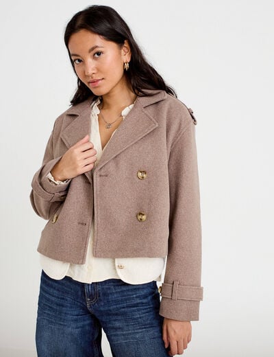 Trench droit court col tailleur taupe femme