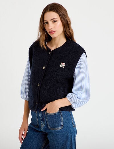 Gilet sans manches fausse fourrure bleu marine femme