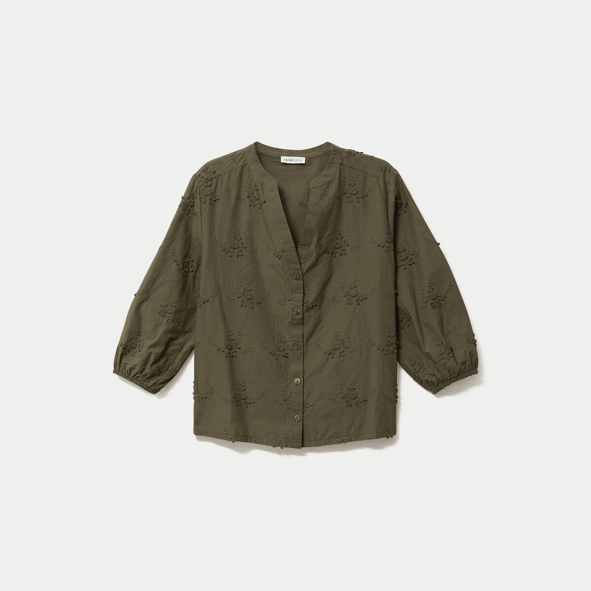 Blouse brod&eacute;e col mao manches 3/4 vert kaki femme