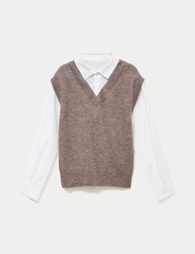 Pull chemise 2-en-1 taupe femme
