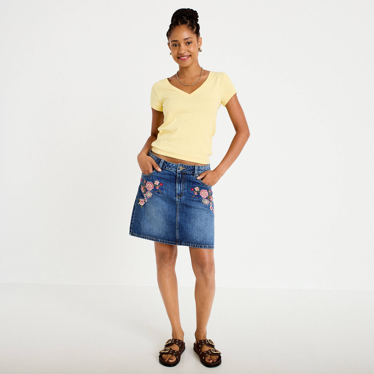 Jupe droite courte en jean denim stone femme